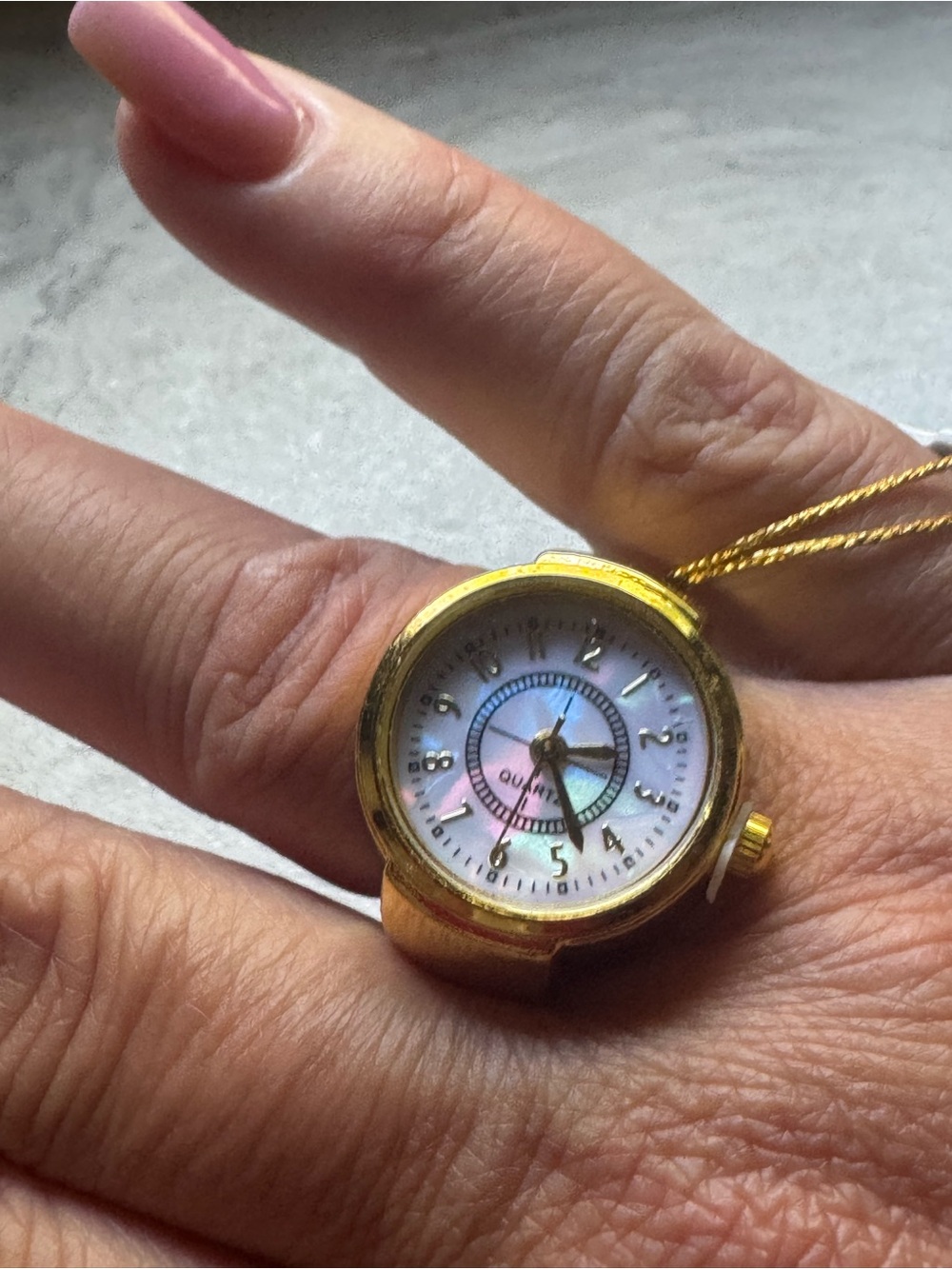 NWT Gold-tone Quartz Ring Watch with Mother-of-Pearl Dial Beautiful Soft Tones